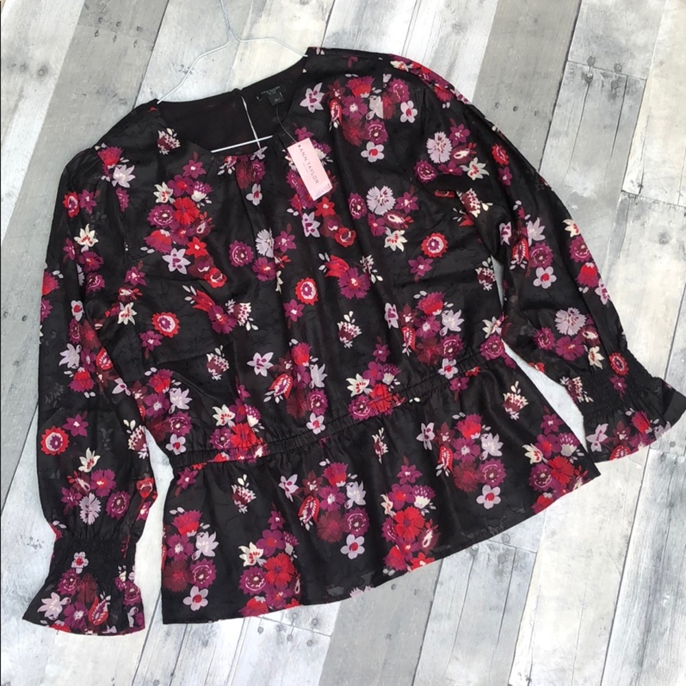 Ann Taylor Factory Black Purple& Red Peplum Blouse